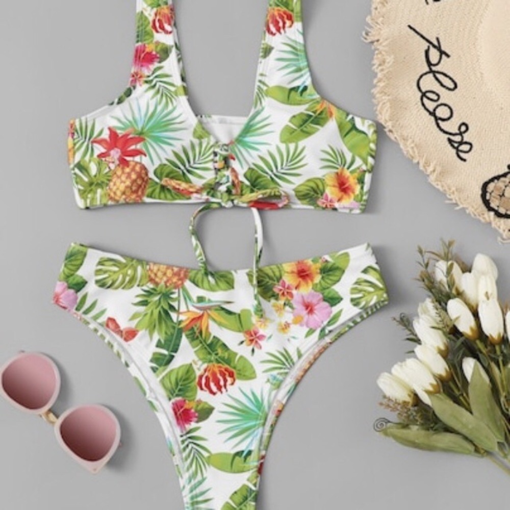 Tropical Bikini Swimsuit White Green S M 4 6 8 10 - Picture 3 of 8